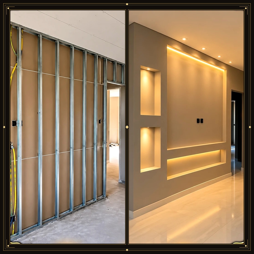 Antes e depois de um painel de sala com nichos iluminados