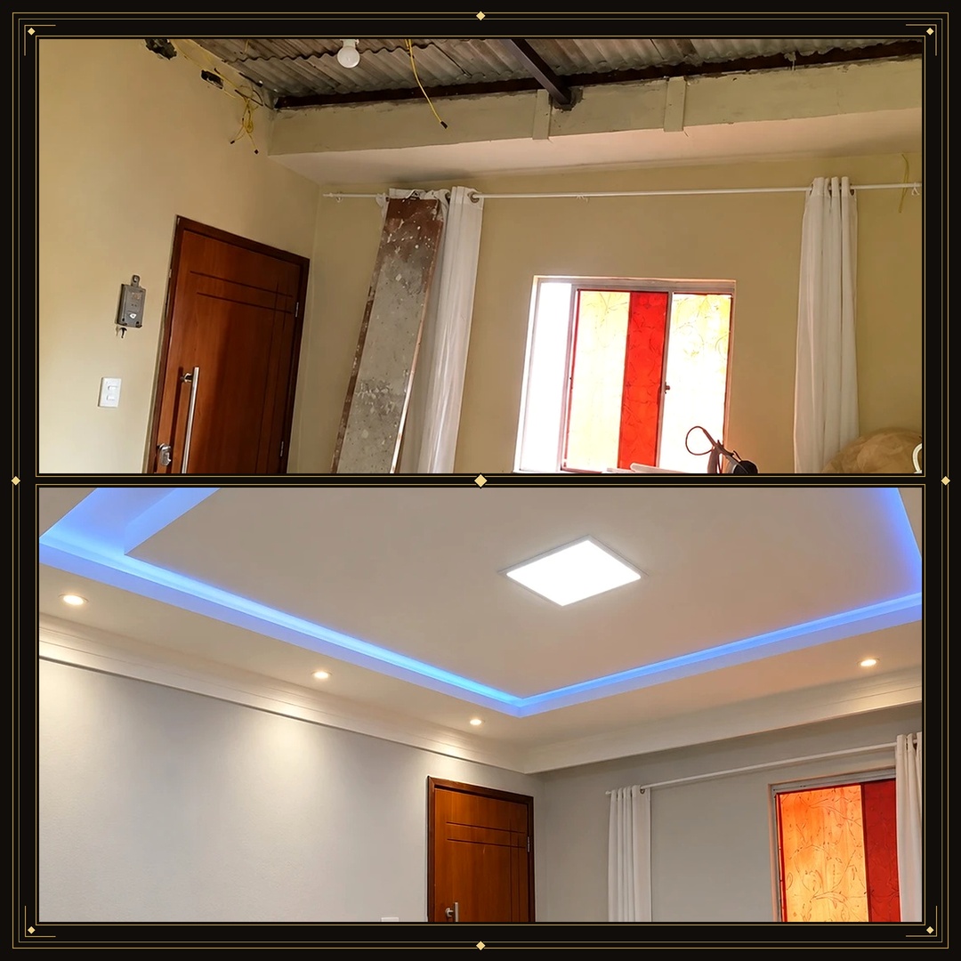Antes e depois de um forro de drywall com sanca iluminada