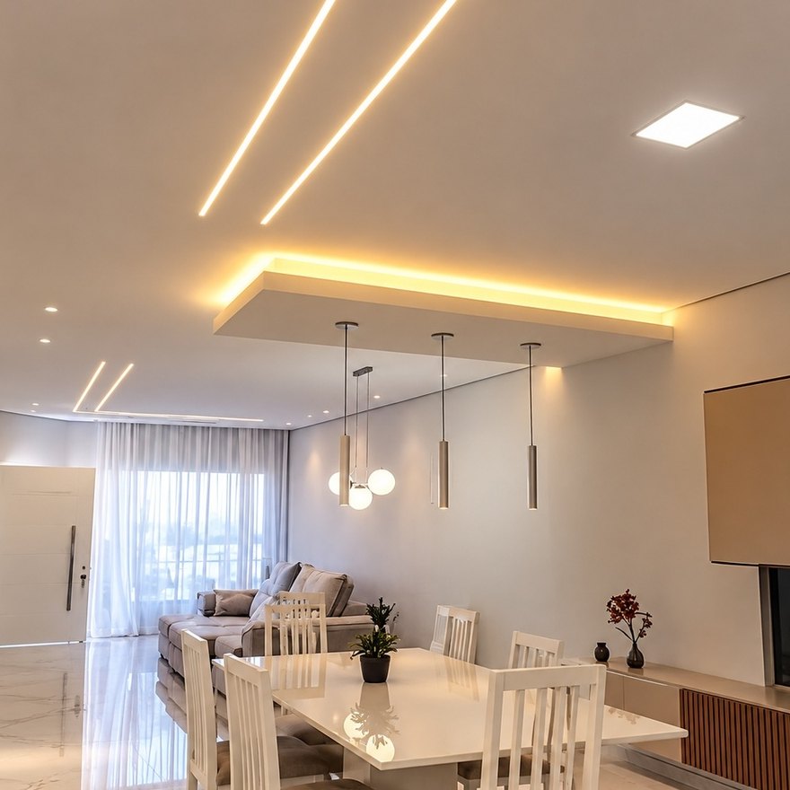 Sala integrada com sanca — Elegância da sala ao jantar