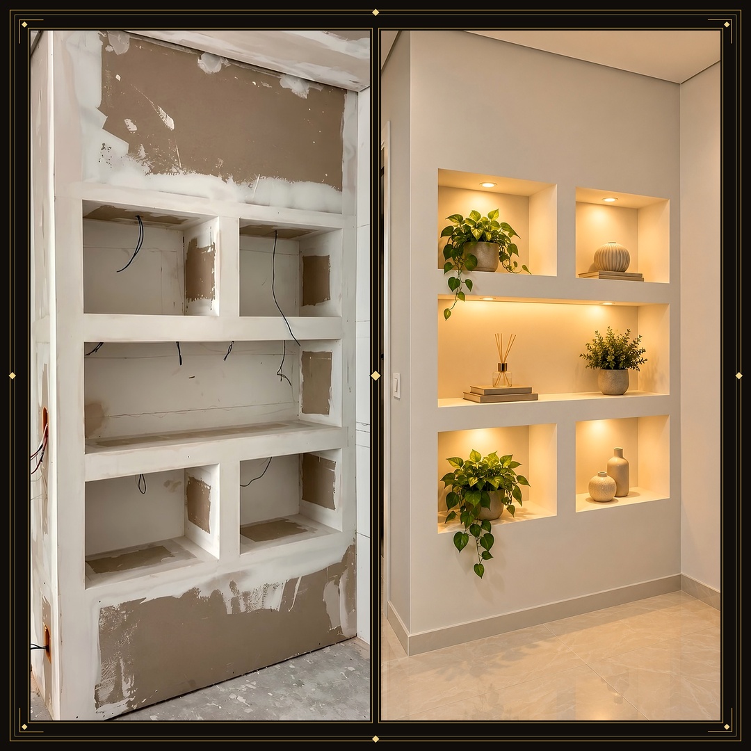 Antes e depois de nichos em gesso com iluminação indireta