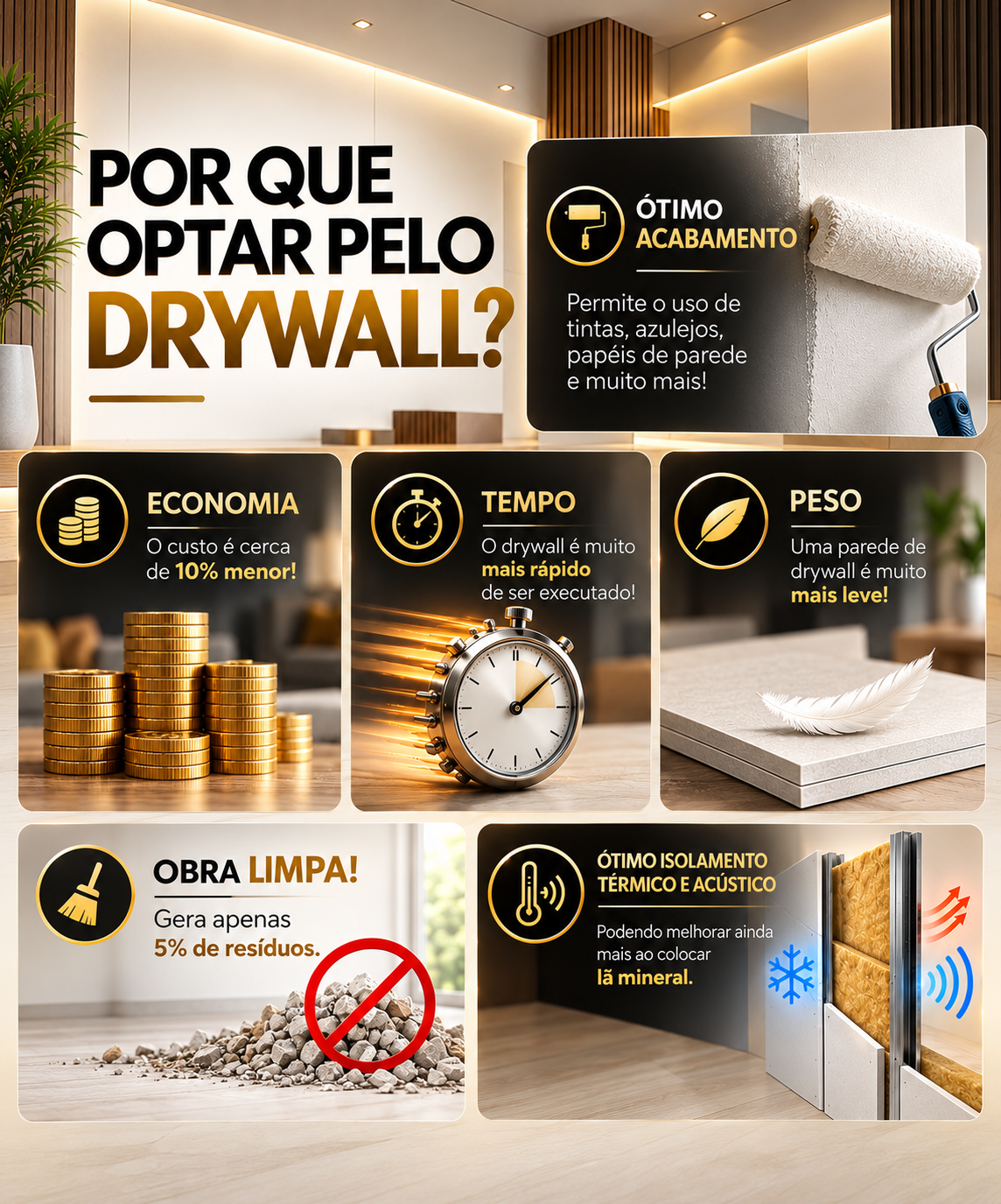 Infográfico: por que optar pelo drywall — ótimo acabamento, economia, tempo, peso, obra limpa e isolamento térmico e acústico