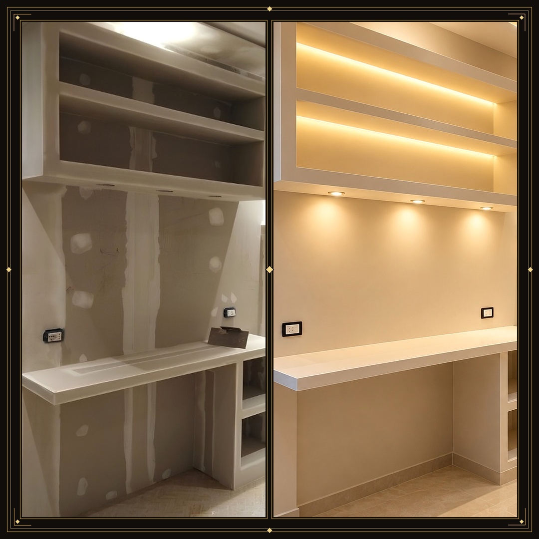 Antes e depois de detalhes em gesso com iluminação embutida em uma cozinha