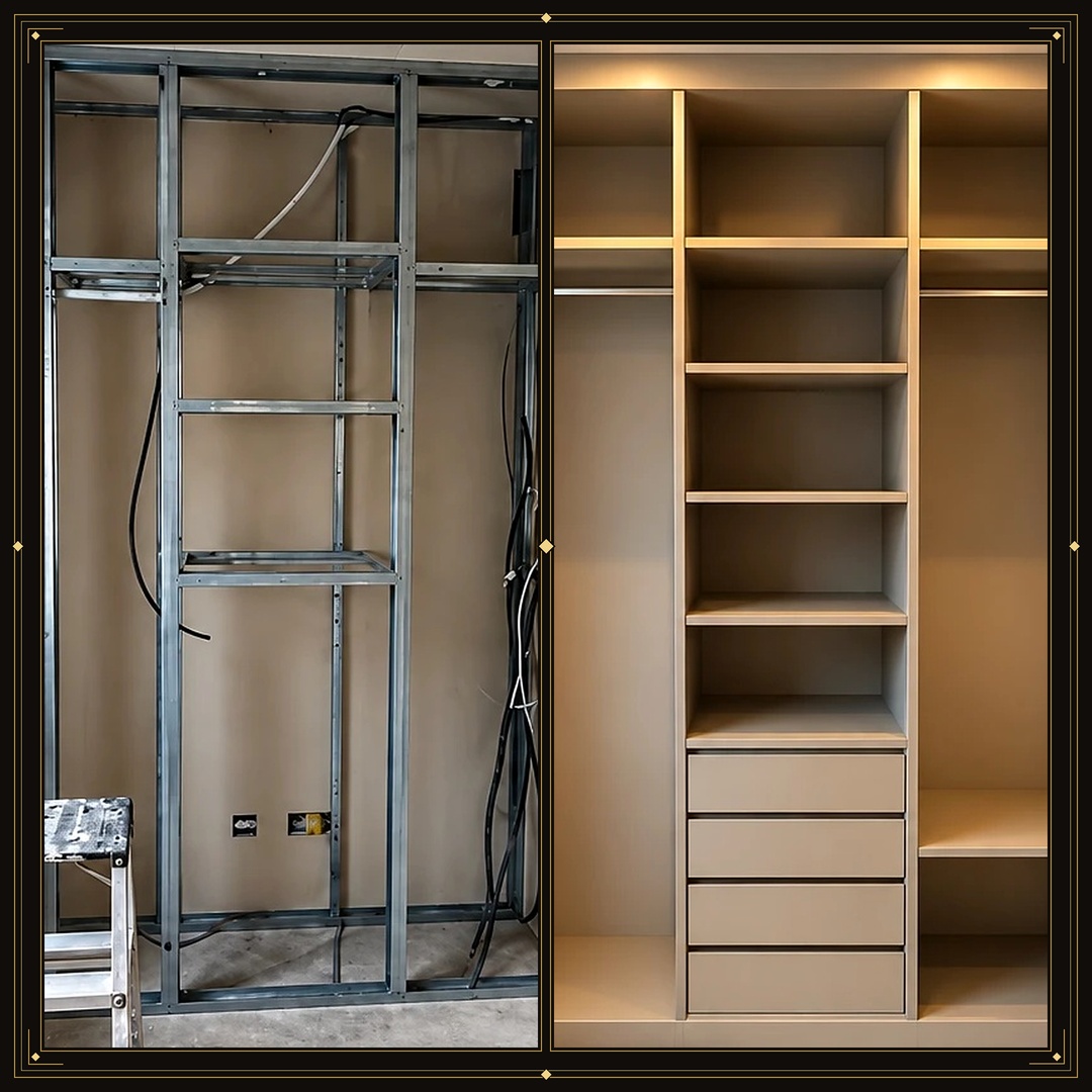 Antes e depois de closet em drywall planejado e iluminado